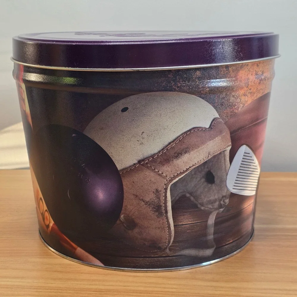 Topsys‎ Vtg Sports Collectible Popcorn Tin Purple Lid Football Skates Baseball